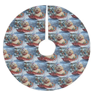 Cockapoo Dog in Sledge Let it Snow Christmas Brushed Polyester Tree Skirt