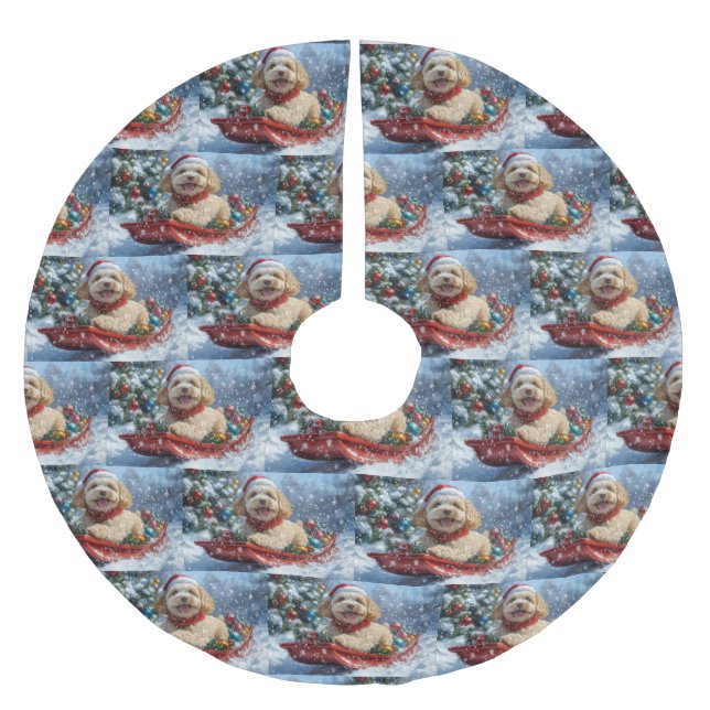 Cockapoo Dog in Sledge Let it Snow Christmas Brushed Polyester Tree Skirt (Front)