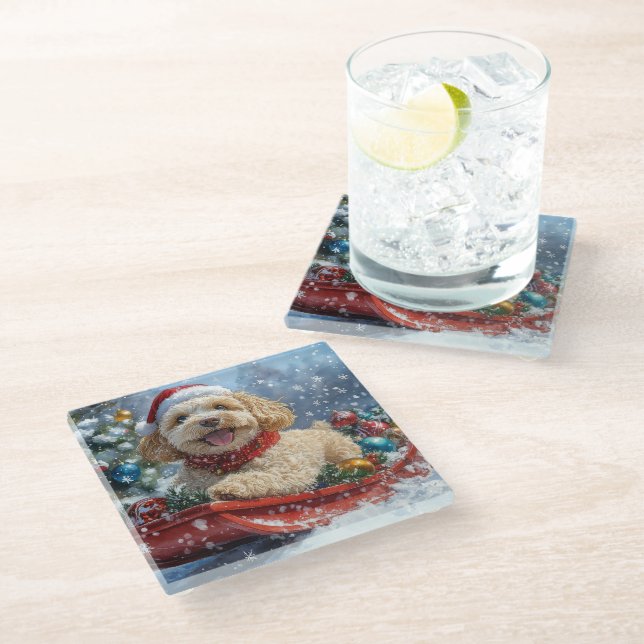 Cockapoo Dog in Sledge Let it Snow Christmas Glass Coaster (Angled)
