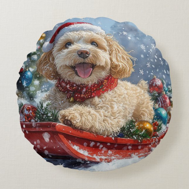 Cockapoo Dog in Sledge Let it Snow Christmas Round Cushion (Front)