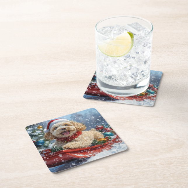 Cockapoo Dog in Sledge Let it Snow Christmas Square Paper Coaster (Insitu)