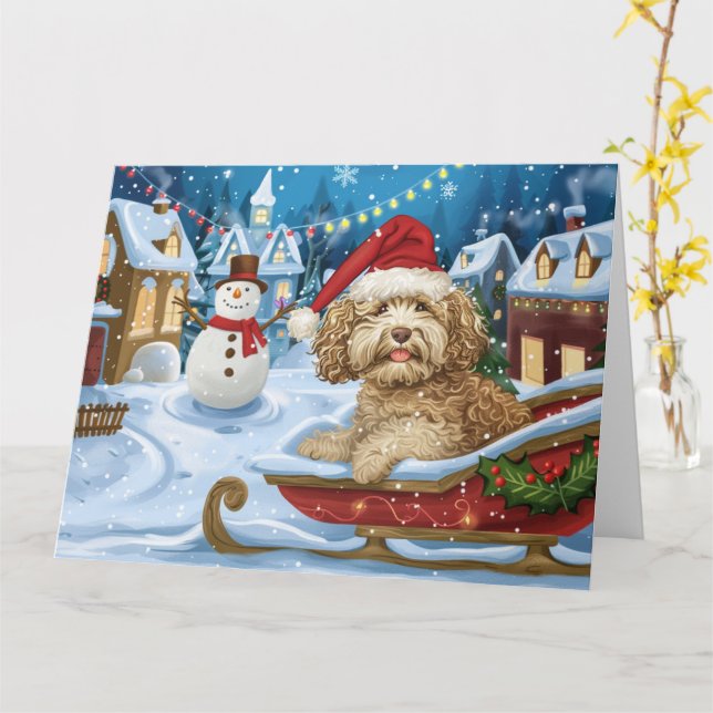 Cockapoo Dog in Sleigh Snow Christmas Card (Yellow Flower)