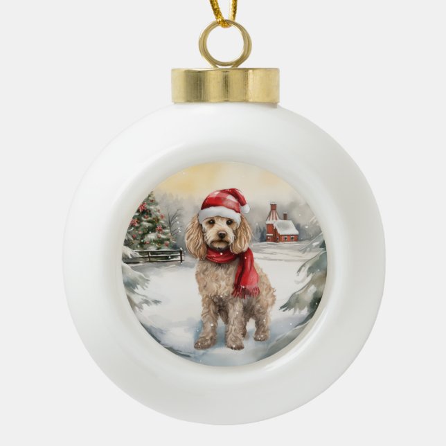 Cockapoo Dog in Snow Christmas  Ceramic Ball Christmas Ornament (Front)