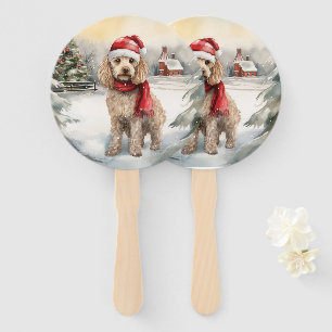 Cockapoo Dog in Snow Christmas Hand Fan