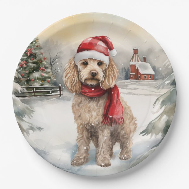 Cockapoo Dog in Snow Christmas  Paper Plate (Front)