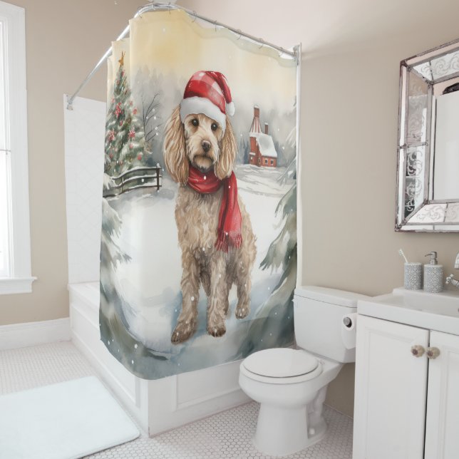 Cockapoo Dog in Snow Christmas  Shower Curtain (In Situ)