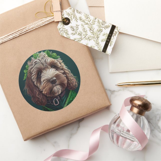 Cockapoo Dog in St. Patrick's Day Dress Classic Round Sticker (Gifting)