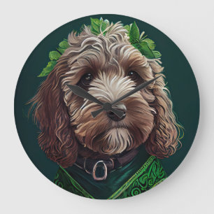 Cockapoo Dog in St. Patrick's Day Dress Large Clock
