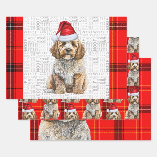 Cockapoo Dog Red Holiday Plaid Christmas Wrapping Paper Sheet (Set)