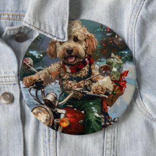 Cockapoo Dog Riding Motorcycle Christmas 6 Cm Round Badge
