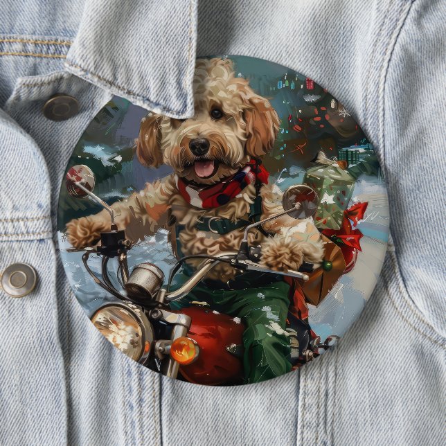 Cockapoo Dog Riding Motorcycle Christmas 6 Cm Round Badge (In Situ)