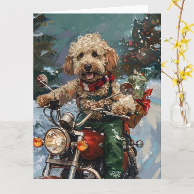Cockapoo Dog Riding Motorcycle Christmas Card (Yellow Flower)