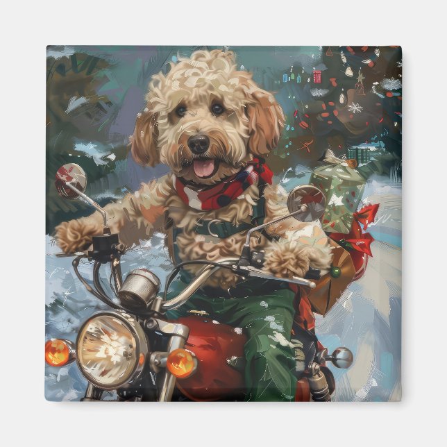 Cockapoo Dog Riding Motorcycle Christmas Magnet (Front)