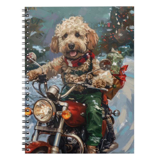 Cockapoo Dog Riding Motorcycle Christmas Notebook (Front)