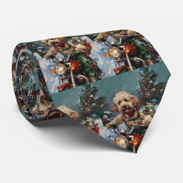 Cockapoo Dog Riding Motorcycle Christmas Tie (Rolled)
