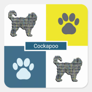 Cockapoo Dog Silhouette & Paw Y&B Grid Square Sticker