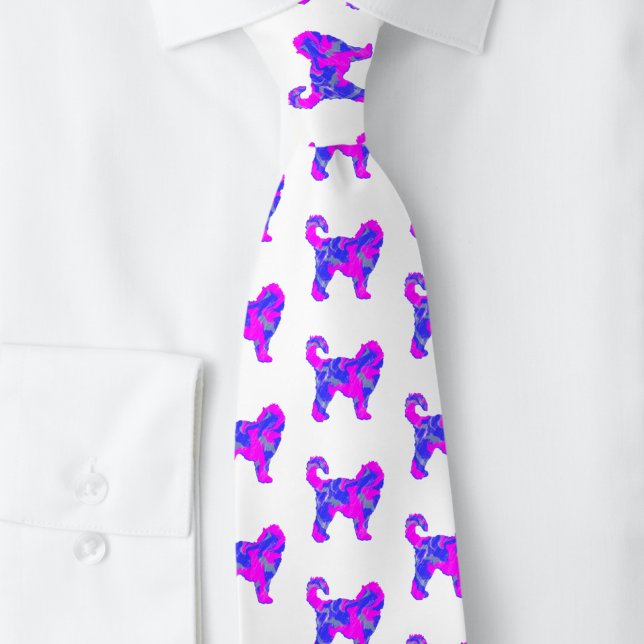 Cockapoo Dog Silhouette Pink & Blue Abstract Tie (Cockapoo dog pink and blue silhouette pattern white tie)