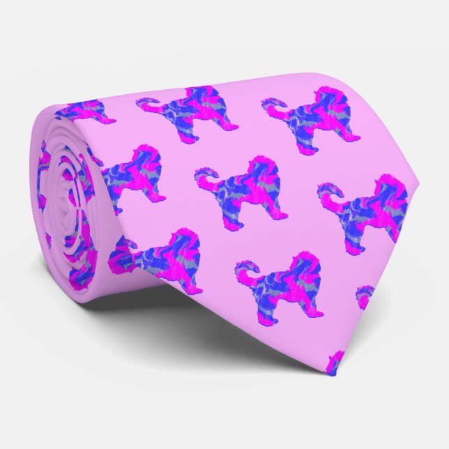 Cockapoo Dog Silhouette Pink & Blue Light Pink Tie (Rolled)