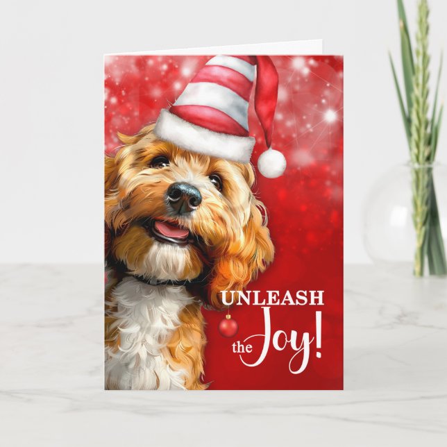 Cockapoo Dog Unleash the Joy Christmas Holiday Card (Front)