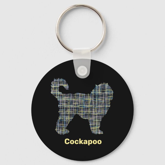 Cockapoo Dog Yellow & Black Grid Line Key Ring (Front)