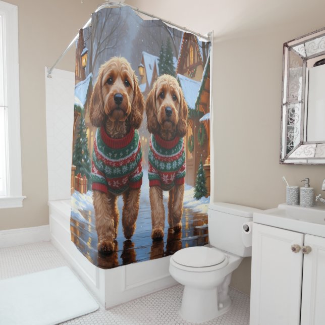 Cockapoo Dogs Christmas Snow Holiday  Shower Curtain (In Situ)