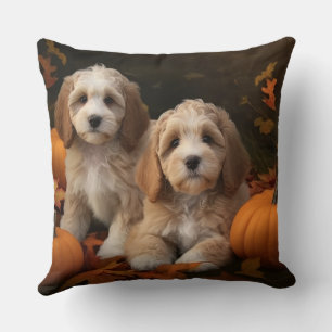 Cockapoo Puppy Autumn Delight Pumpkin Cushion