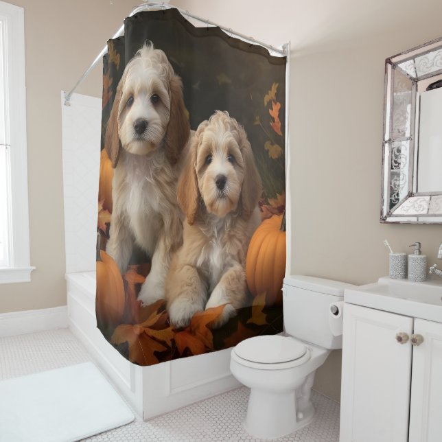 Cockapoo Puppy Autumn Delight Pumpkin  Shower Curtain (In Situ)