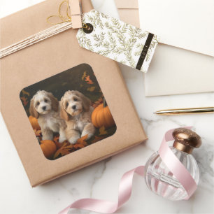 Cockapoo Puppy Autumn Delight Pumpkin  Square Sticker