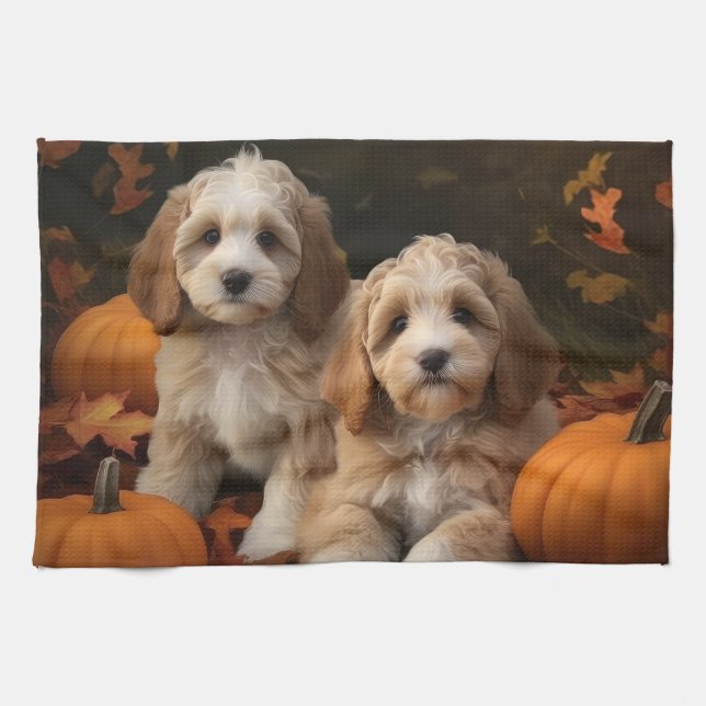 Cockapoo Puppy Autumn Delight Pumpkin  Tea Towel (Horizontal)