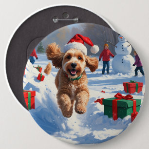 Cockapoo Running in Snow with Christmas Hat 6 Cm Round Badge