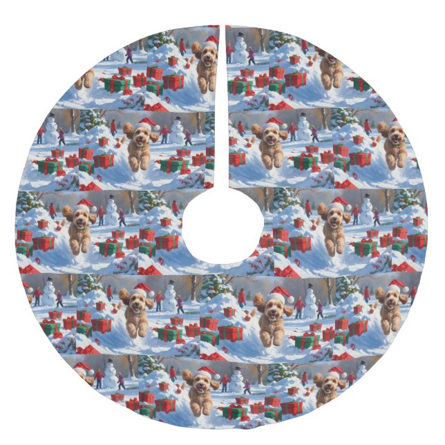 Cockapoo Running in Snow with Christmas Hat Brushed Polyester Tree Skirt (Front)
