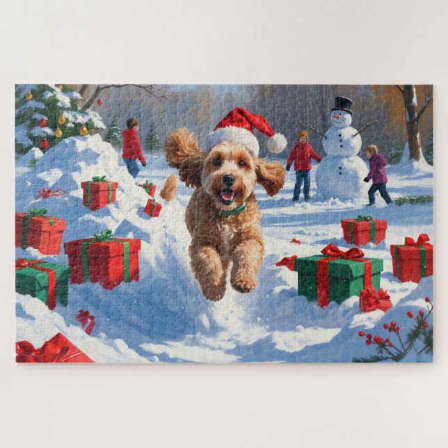 Cockapoo Running in Snow with Christmas Hat Jigsaw Puzzle (Horizontal)