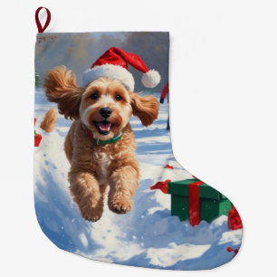 Cockapoo Running in Snow with Christmas Hat Large Christmas Stocking