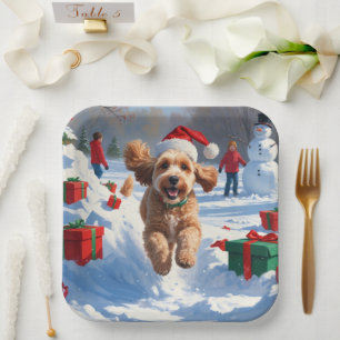 Cockapoo Running in Snow with Christmas Hat Paper Plate