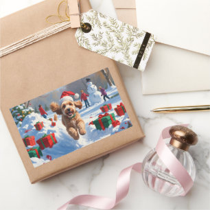 Cockapoo Running in Snow with Christmas Hat Rectangular Sticker