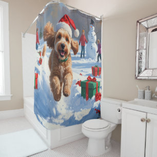 Cockapoo Running in Snow with Christmas Hat Shower Curtain