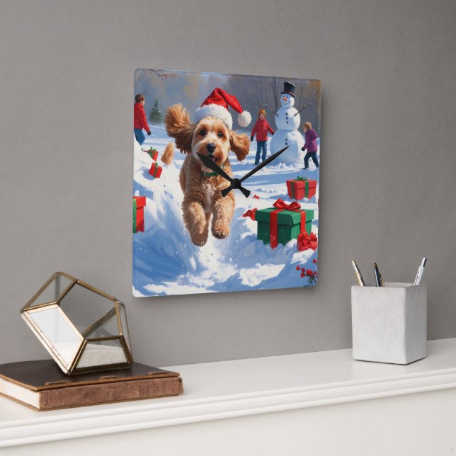Cockapoo Running in Snow with Christmas Hat Square Wall Clock (Office)