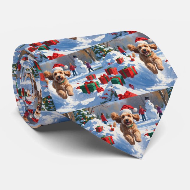 Cockapoo Running in Snow with Christmas Hat Tie (Rolled)