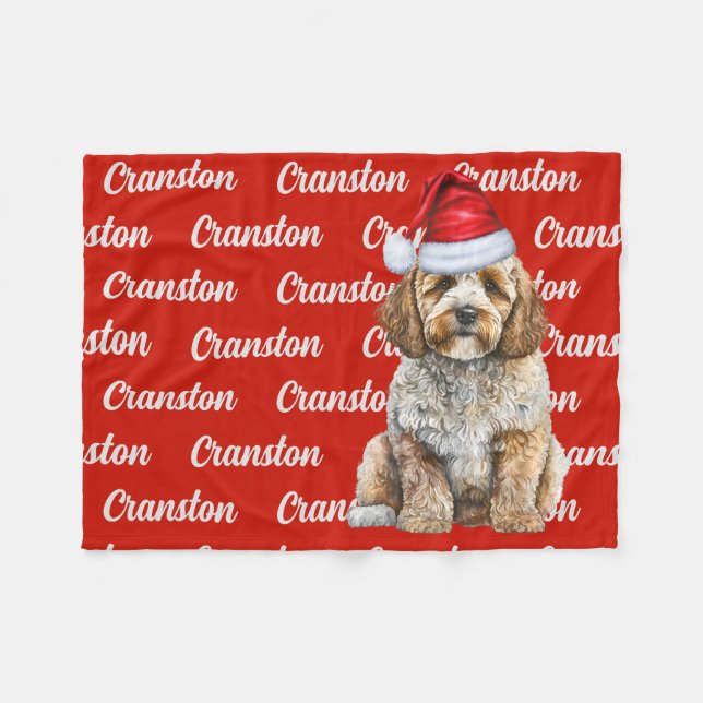 Cockapoo Santa Dog with Custom Name Christmas Fleece Blanket (Front (Horizontal))