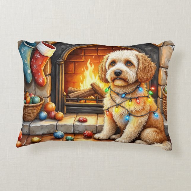 Cockapoo Sitting by Fireplace with Christmas Light Decorative Cushion (Back)