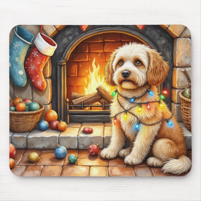 Cockapoo Sitting by Fireplace with Christmas Light Mouse Pad (Front)