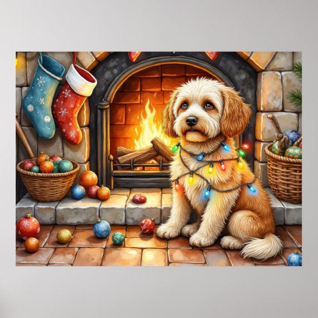 Cockapoo Sitting by Fireplace with Christmas Light Poster (Front)