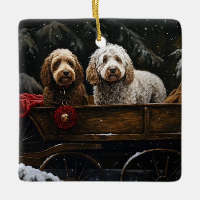 Cockapoo Snowy Sleigh Christmas Decor    Ceramic Ornament (Front)