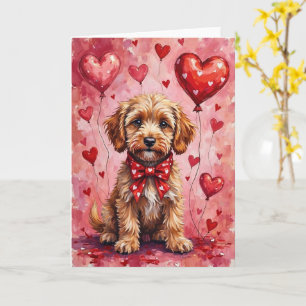 Cockapoo Valentine Dog Sitting with Hearts Red Card