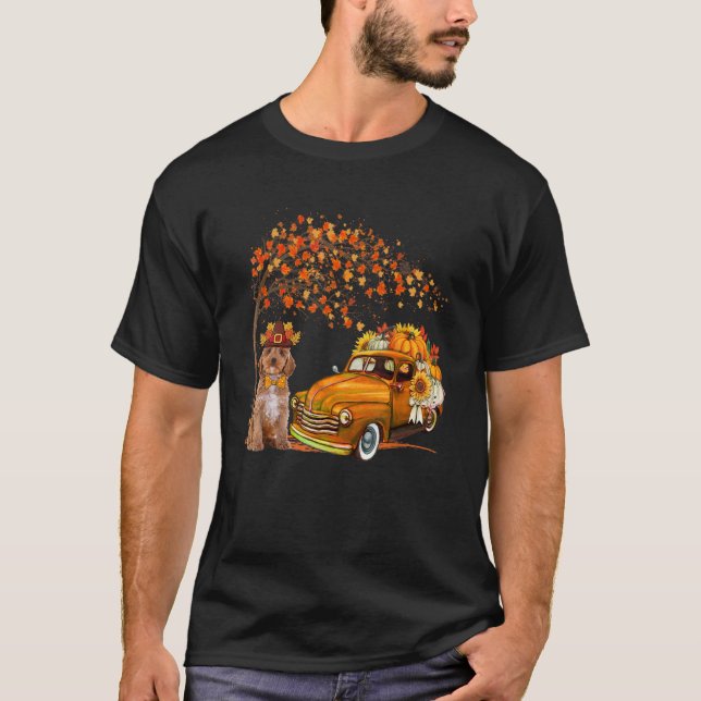 Cockapoo Wearing Hat Fall Tree Pickup Truck Pumpki T-Shirt (Front)