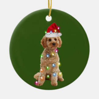 Cockapoo With Christmas Scafts anta Hat Ceramic Tree Decoration