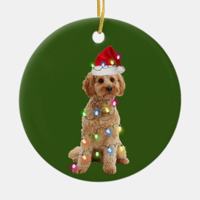 Cockapoo With Christmas Scafts anta Hat Ceramic Tree Decoration (Front)