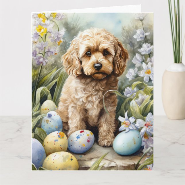 Cockapoo with Easter Eggs Holiday  Card (Front)