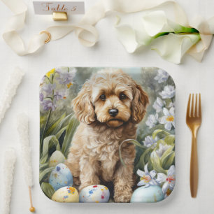 Cockapoo with Easter Eggs Holiday  Paper Plate