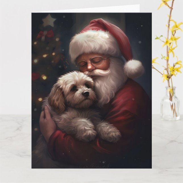 Cockapoo With Santa Claus Festive Christmas  Card (Yellow Flower)